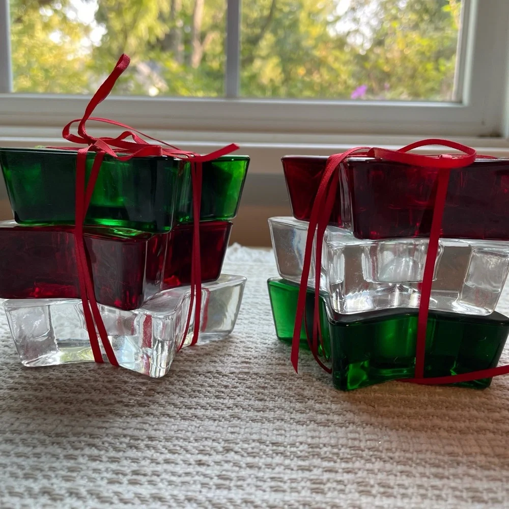 Crate & Barrel glass star candle holders. Red, green and clear. NWT